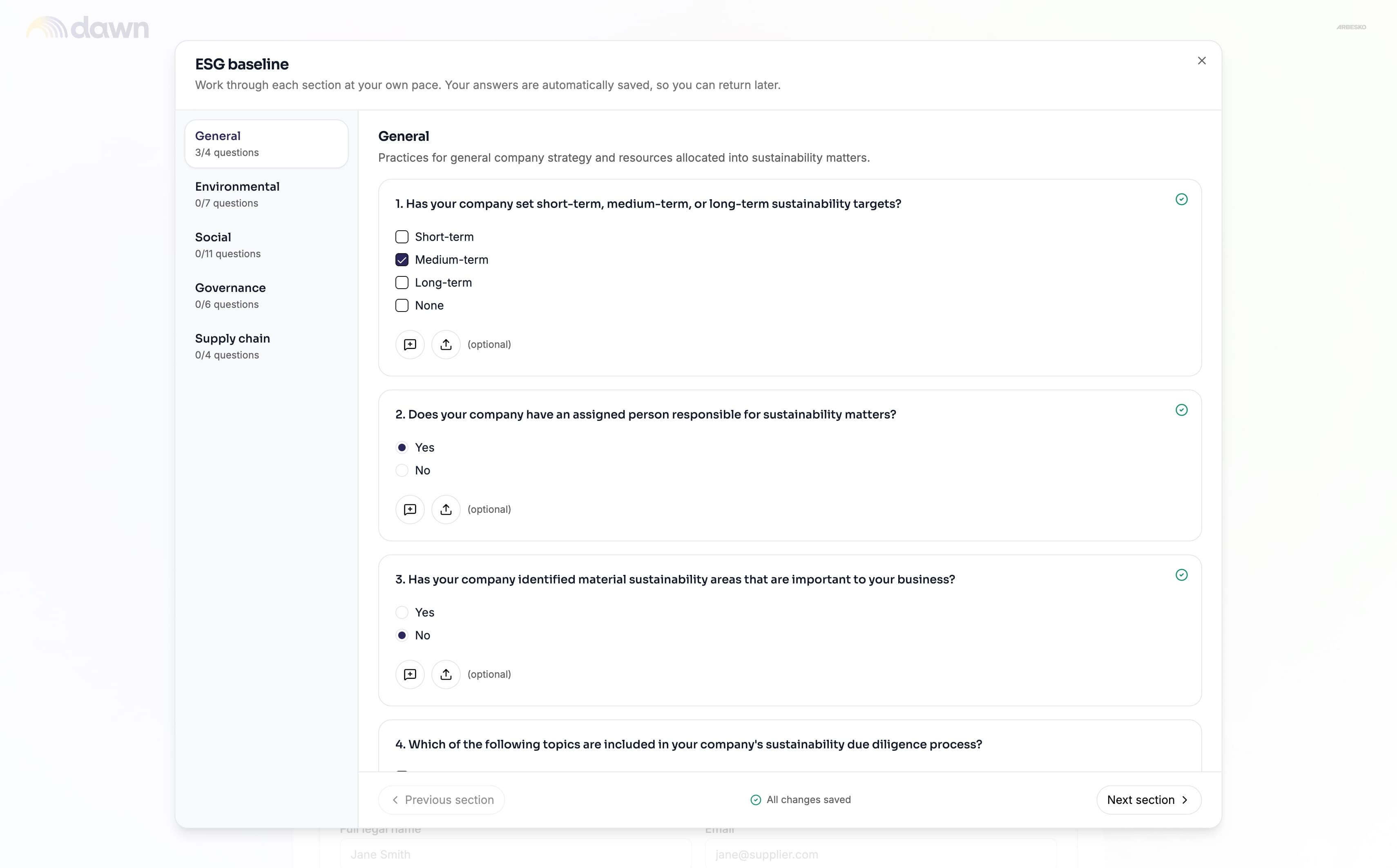 Custom questionnaires designed and tracked in Dawn